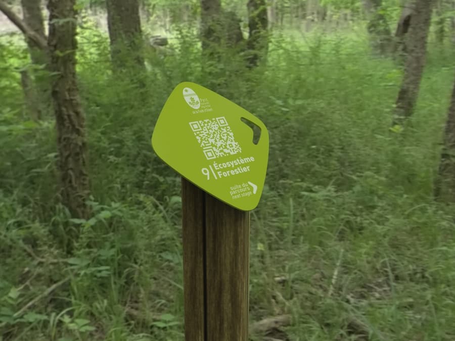 Balise pérenne QRoss fixée sur un poteau en forêt