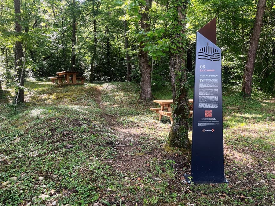 Totem sur mesure dans un sous-bois, près d’une table de pique-nique