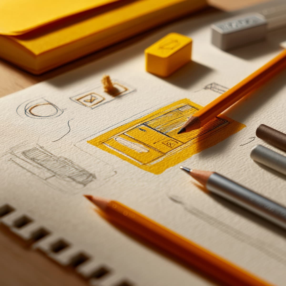 Croquis d’interface au crayon, rehaussé de jaune