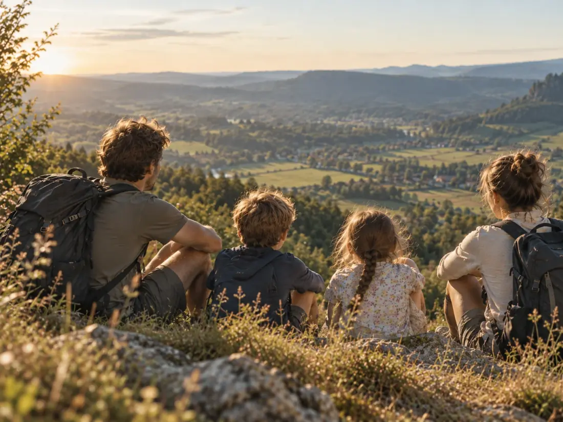 Une famille assise sur un rocher regarde la vallée et le village au coucher du soleil