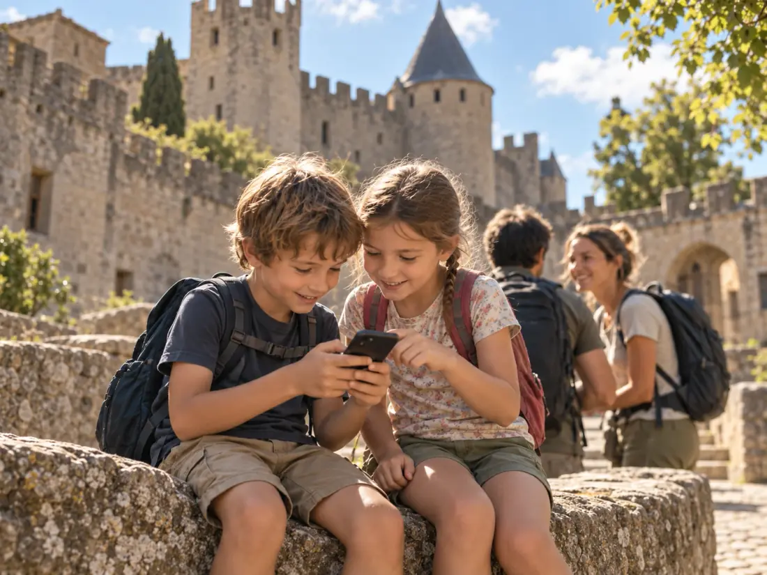 Deux enfants suivent un jeu de piste sur un téléphone devant une cité médiévale