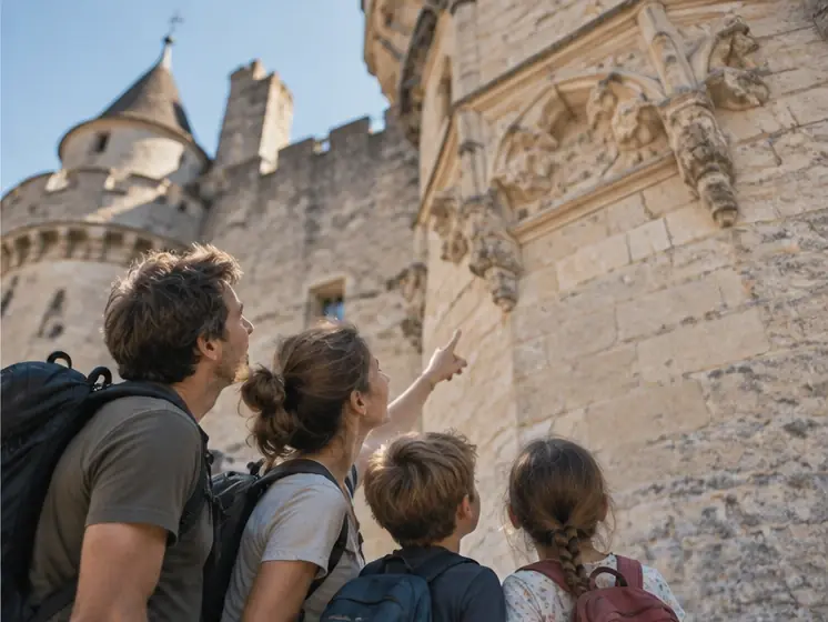 Une famille lève les yeux vers les sculptures de pierre d’un château fort